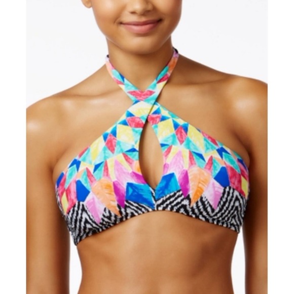 Bar III Feathered Daze Crossover High Neck Halter Bikini Swim Top Multi Large - Picture 3 of 8